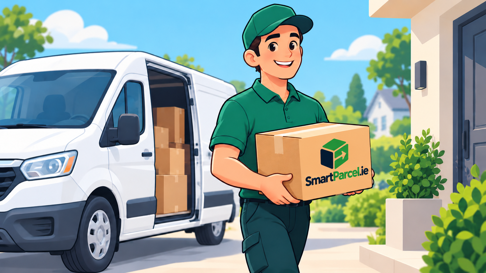 Cartoon illustration of a courier collecting and delivering parcels