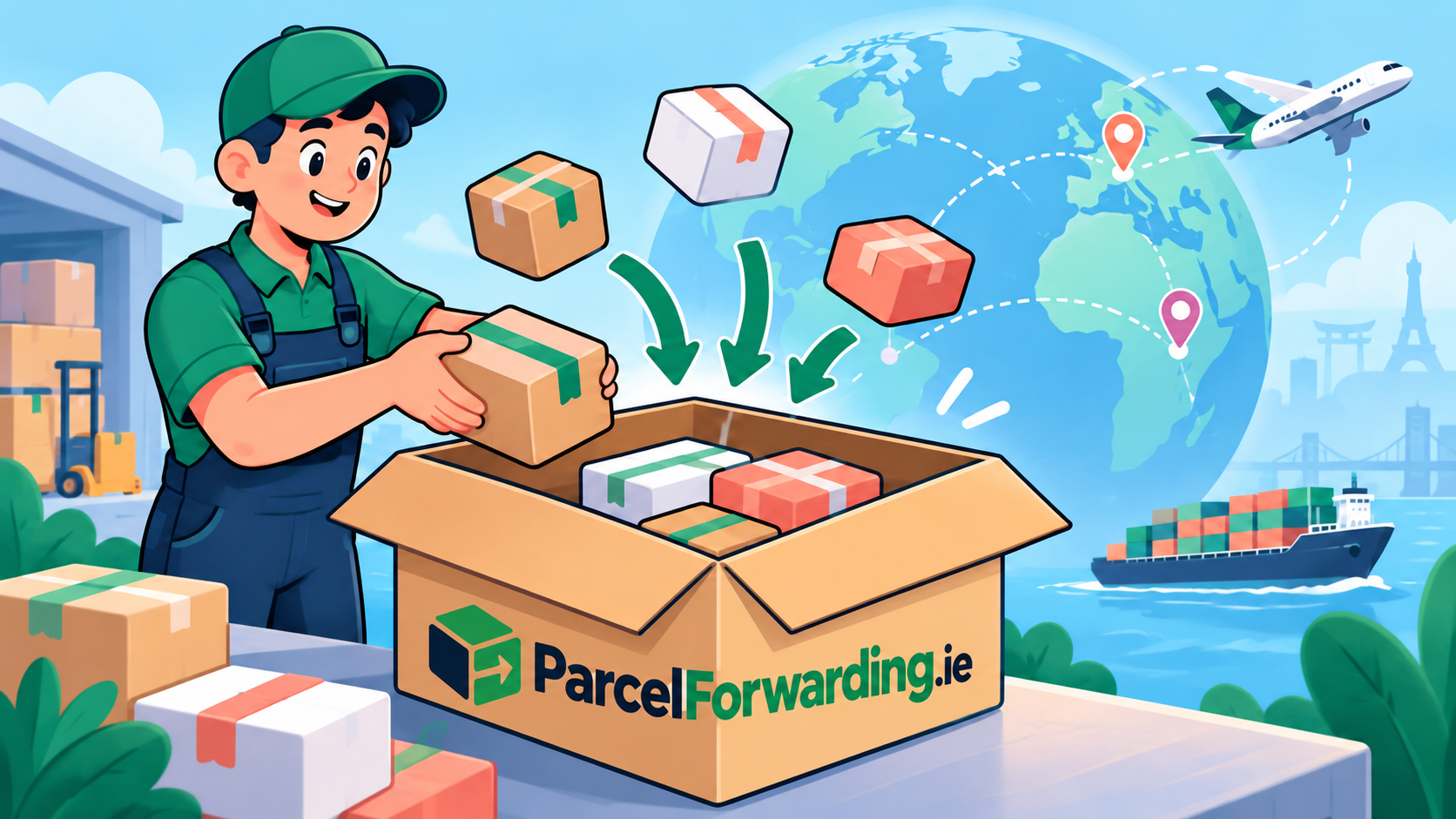 Cartoon illustration of parcel consolidation and international forwarding