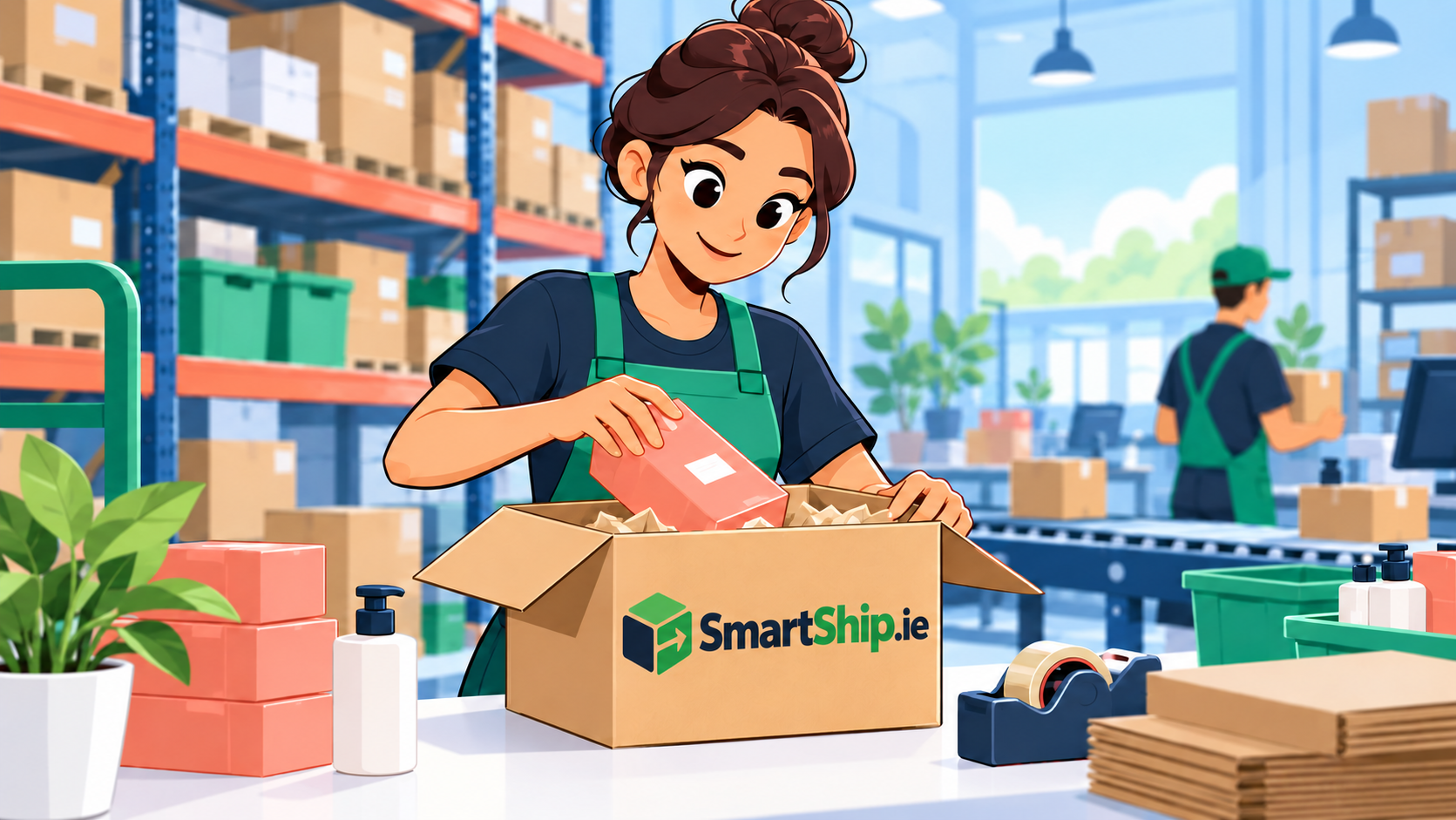 Cartoon illustration of ecommerce picking and packing