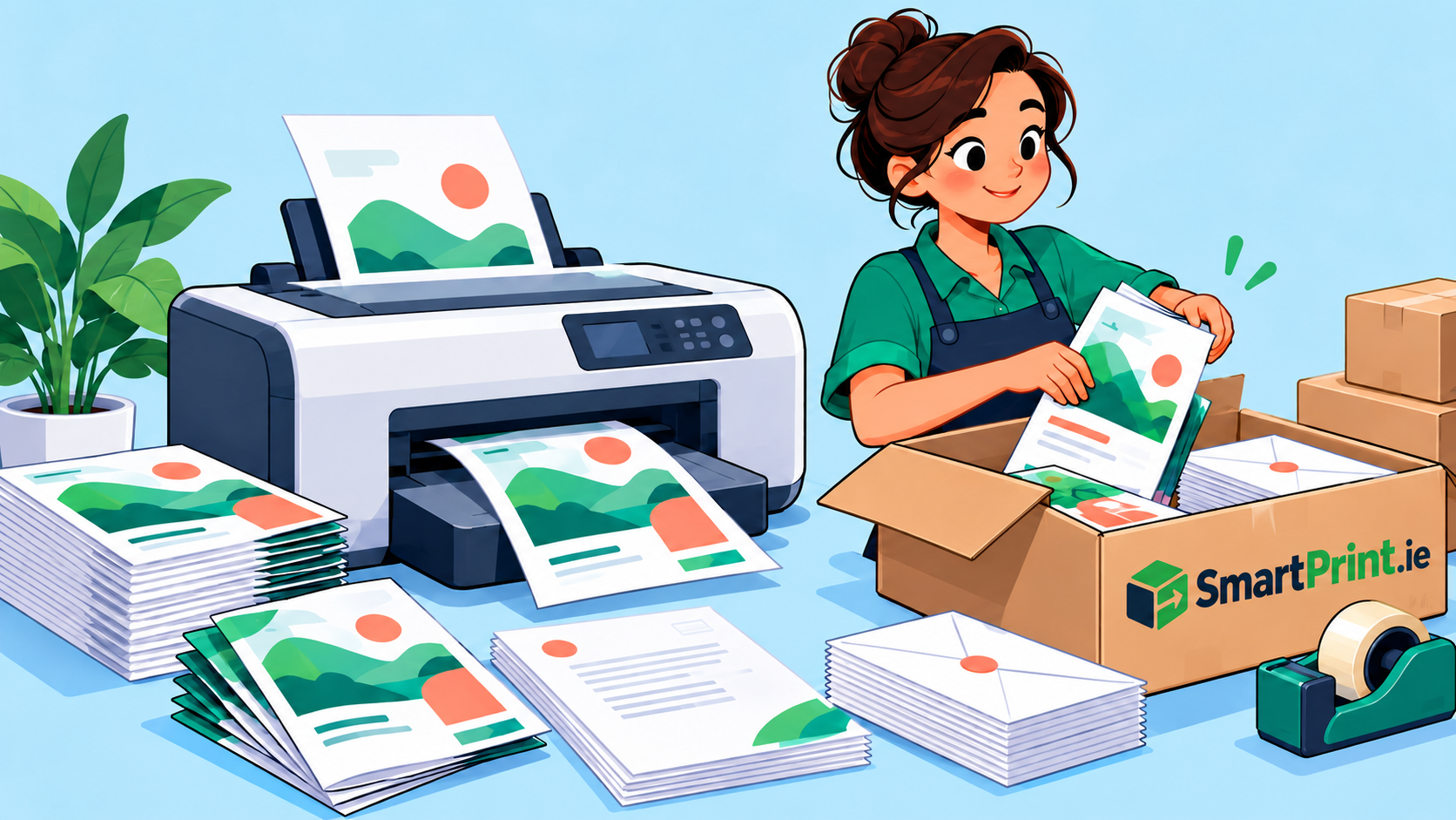 Cartoon illustration of colourful business printing and mail preparation